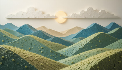 Serene mountain landscape with layered hills and sunset