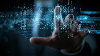 Futuristic cybersecurity concept with businessperson touching digital interface, glowing lock icon, binary code, virtual data protection, secure technology innovation, fingerprint, security - Powered by Adobe