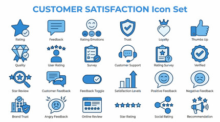 Customer Satisfaction Icon Set with Feedback, Loyalty, NPS Score, and Online Rating for UX Dashboards, Brand Trust Reports, and Support Interfaces