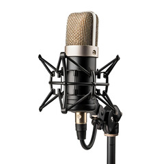 Professional studio condenser microphone mounted in a shock mount system poised for vocal recording or broadcast production against transparent background