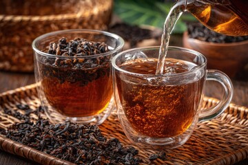Fototapeta premium Fresh tea pouring into glass cups with loose leaf tea and wicker background