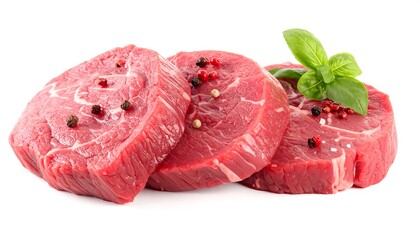 Fresh raw beef steaks seasoned with colorful peppercorns and basil on a clean white background.