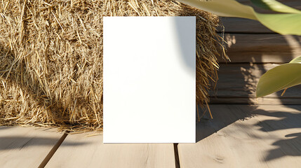 A blank white card rests against a textured hay bale on a light wooden surface, bathed in natural sunlight with shadows, inviting personalization and creative design.