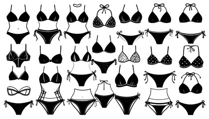 Collection of Black and White Bikini Silhouettes: Various Styles and Designs