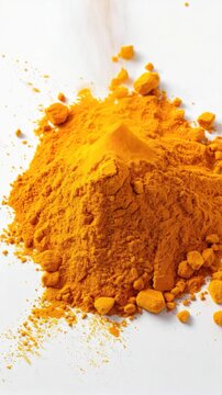 Video A pile of tumeric powder on a white surface, great for highlighting its vibrant color and texture