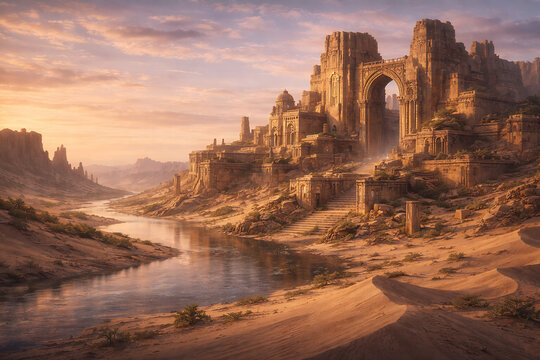 Cinematic Ancient Desert City With Sandstone Fortress and River at Sunset