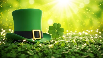 St patrick's day green hat and shamrock in dewy grass on sunny day