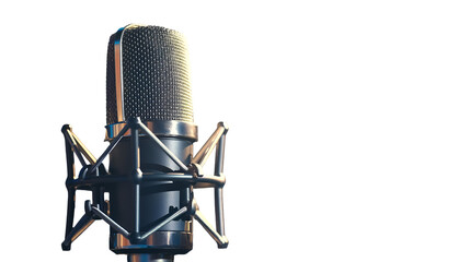 Professional studio condenser microphone mounted in a shock mount stands ready for recording vocals or broadcasting