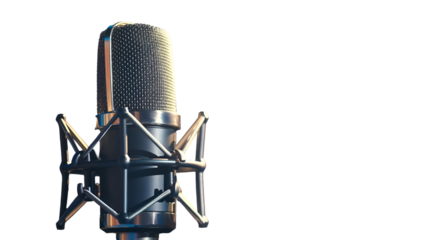 Professional studio condenser microphone mounted in a shock mount stands ready for recording vocals or broadcasting