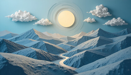 Serene mountain landscape with winding road under sunny sky
