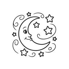Obraz premium a charming black and white illustration depicts a crescent moon with a smiling face surrounded by twinkling stars and swirling decorative elements high quality professional detailed