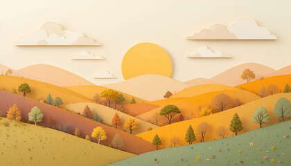 Autumn landscape with rolling hills and trees under sunny sky