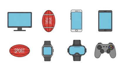 Collection of modern digital devices and sports equipment isolated on white background