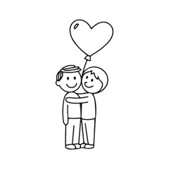 Obraz premium a simple black and white doodle depicts two smiling figures embracing warmly with a heart shaped balloon floating above them symbolizing affection and connection high quality