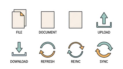 Set of minimalist digital icons representing files documents and actions