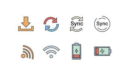 Set of colorful interface icons for data transfer and synchronization