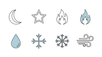 Stylized icons of natural elements moon star fire water air snowflake