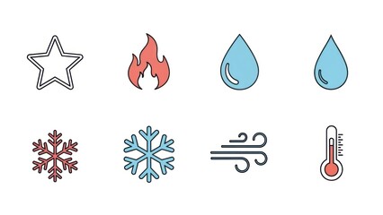 Weather elements icons set star flame drops snowflake wind temperature