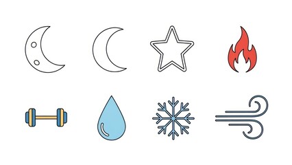 Diverse symbols and icons representing elements and concepts on white