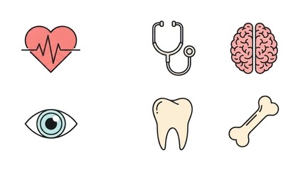 Medical icons heart brain eye stethoscope tooth and bone illustrations