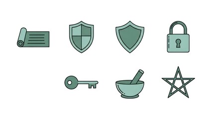 Collection of vector icons featuring security symbols and abstract objects