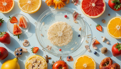 Vibrant fruit and dessert arrangement on a light blue background