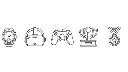 Outlined icons representing technology gaming awards and time on white background