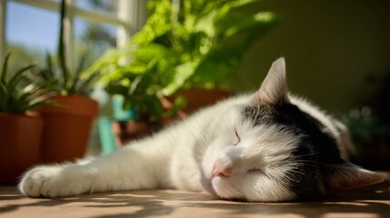 Cat sleeping peacefully in sunbeam beside green houseplants, a domestic feline resting, enjoying warmth