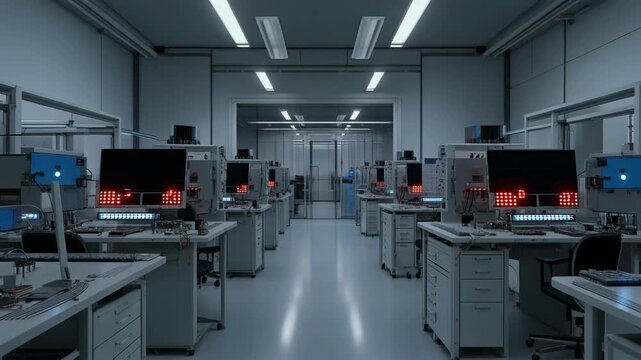 Modern electronics lab with advanced workstations showing red data, specialized equipment, and sterile environment, ready for high-tech research and innovation.
