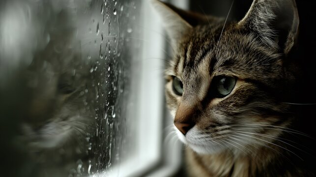 Tabby cat looking out window missing summer, observing rain on glass during moody autumn day