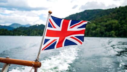 Union Jack flag waving on a boat sailing on a lake with mountains in the background