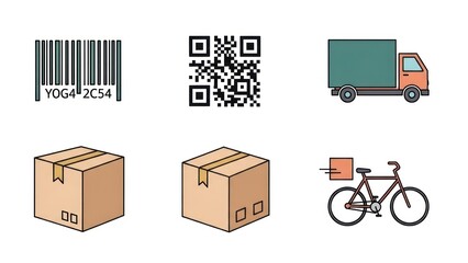 Delivery and logistics icons barcode qr code truck boxes and bicycle