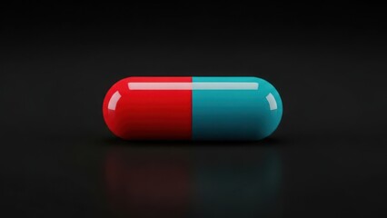 Close up of a red and blue capsule on a dark background