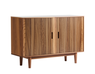 Mid century modern wooden cabinet with slatted doors and legs