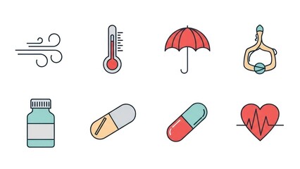 Weather health and medical icons illustrating various concepts in colorful design