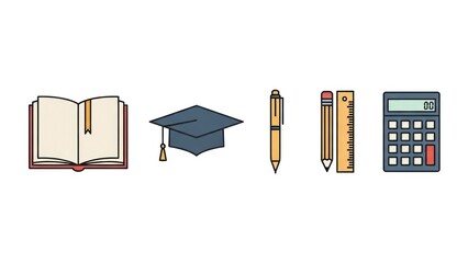 Educational icons book graduation cap pen ruler pencil and calculator