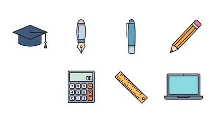 Educational and office supplies set on white background vector illustration
