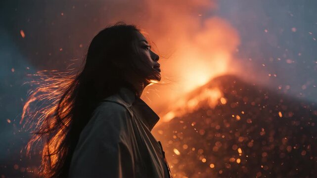 溶岩流を背景に佇む日本人女性、ドラマチックな自然表現