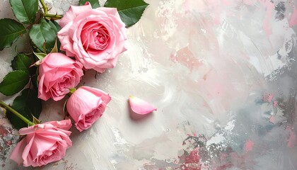 Pink Roses and Petal on Textured Background, Floral Still Life, Romantic Composition
