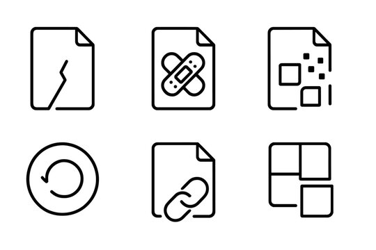 Malfunctioning Archive Icons. Line vector icons of malfunctioning archive fix: split document, patch node, scattered pixels,