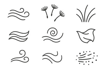 Fototapeta premium Soft Breeze Icons. Line style icons of soft breeze elements: gentle gust lines, dandelion seeds, waving grass, flowing ribbons,