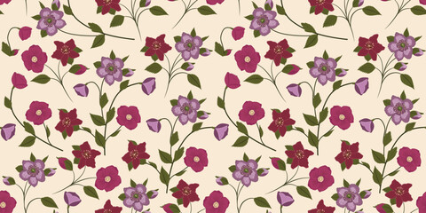 Fototapeta premium Vintage Seamless Floral Pattern with Pink and Purple Hellebore Flower on Warm Cream Background