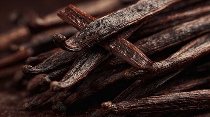 Fototapeta premium Close-up of vanilla pods sliced open, baking atmosphere implied