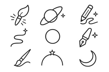 Space Calligraphy Icons. Line style icons of space calligraphy tools: radiant brush, flowing orbit, stellar stroke, galactic ink
