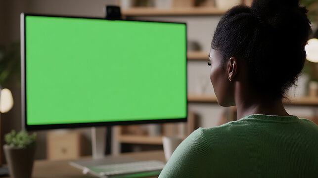 Woman faces a computer screen, a digital window to endless possibilities. She's engrossed, focus glued to the vibrant green canvas awaiting her creative touch. - Powered by Adobe