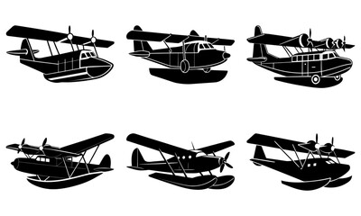 Six Vintage Seaplane Silhouettes on White Background vintage aircraft black and white