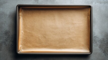 Fototapeta premium Empty baking tray prepared with parchment, clean minimal setup, copy space dominant
