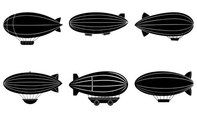 Six Black and White Airship Silhouettes on Transparent Background zeppelin
