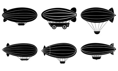 Six Black and White Airship Silhouettes on Transparent Background zeppelin blimp
