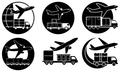 Airplane and Truck Cargo Loading Silhouettes on White Background